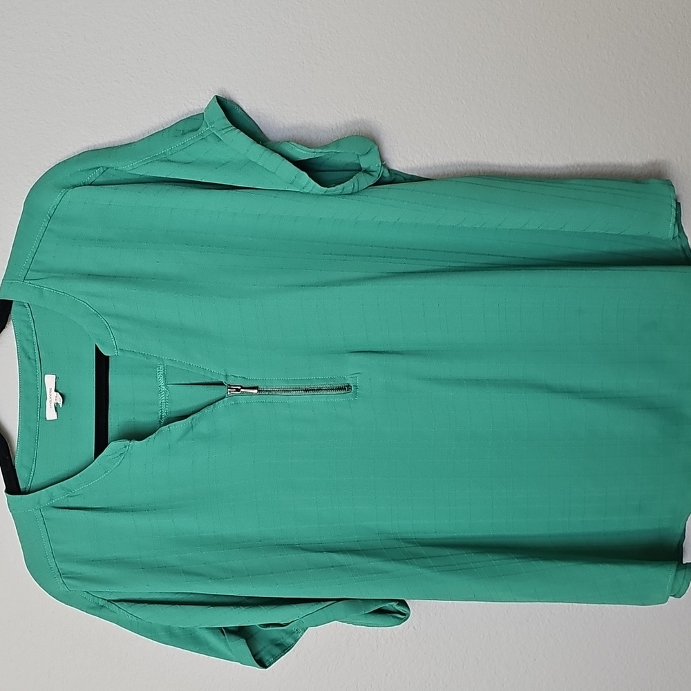 Maurices Geneva windowpane Kelly Green Zipper Chest Cuffed Sleeve Blouse Top XXL